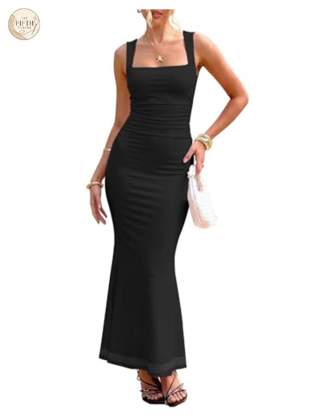 Square Neck Ruched Bodycon Maxi Dress Sleeveless Formal Cocktail Party